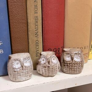 VTG Vintage Set of Three Mini Brown Pottery Owl Figurines